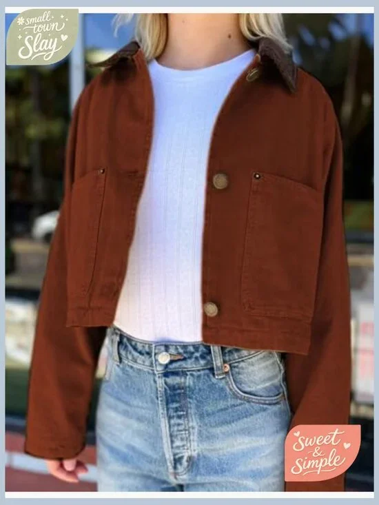 Women's Cropped Corduroy Collar Barn Jacket Button Down Long Sleeve - Picture 6 of 7